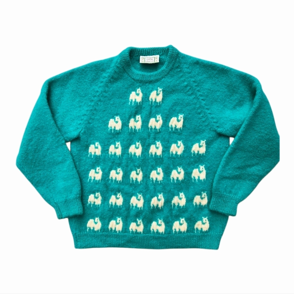 Vintage Kapai Crafts Sheep Sweater 100% Wool Turquoise Women's Size Small - Picture 2 of 7